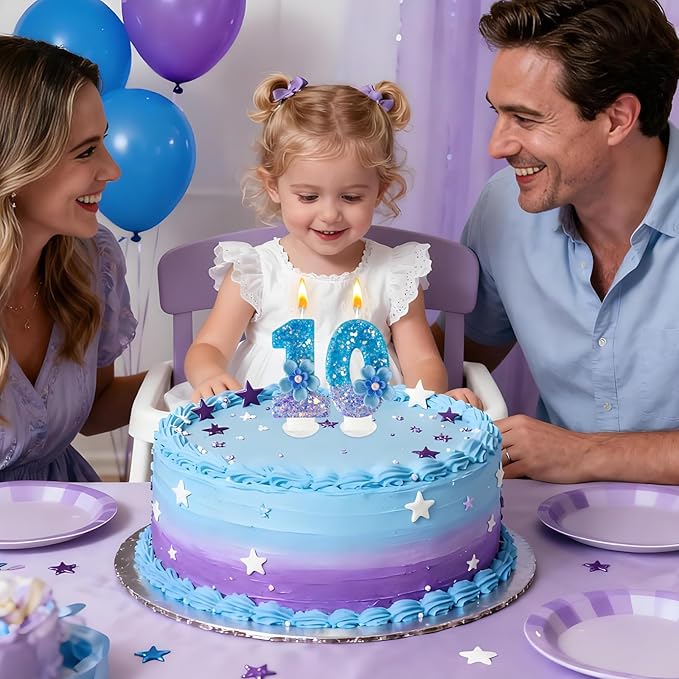 Blue Purple Flower Birthday Number Candles, Flower Theme Party Decorations, Cupcake Decorations, Suitable for Party Celebrations, Boys and Girls Birthday Decorations（10）