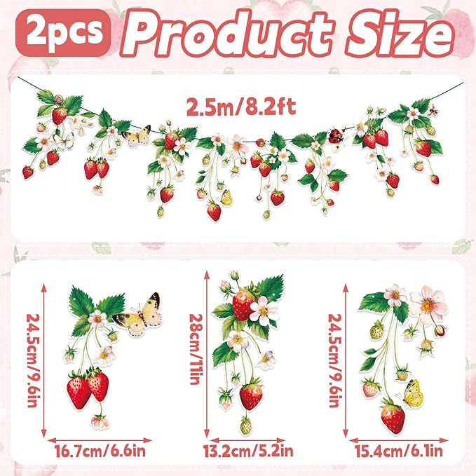 Strawberry Garland Banner Berry First Birthday Decor Strawberry Wildflower for Spring Enchanted Garden Party Strawberry Theme Birthday Decoration for Girl Sweet Baby Shower Spring Garden Tea Party(8.2ft)