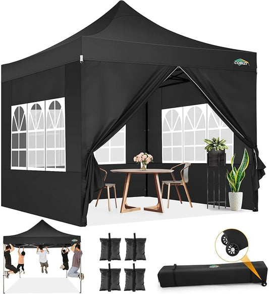 COBIZI 10x10 Pop Up Canopy with Sidewalls Heavy Duty Party Tent with Removable Awning Easy Up Outdoor Canopy Wedding, All Season Windproof&Waterproof with Roller Bag UPF 50+, Black