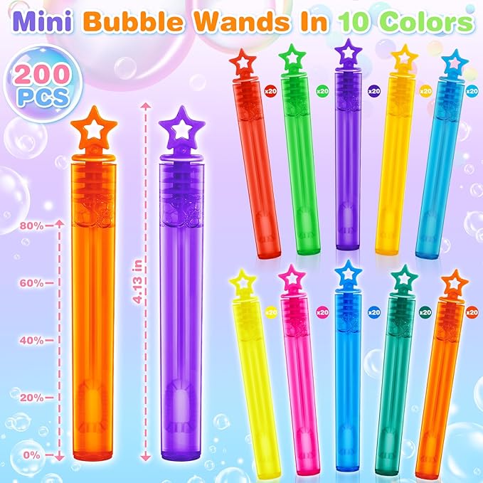 OCHIDO 200 Pieces Mini Bubble Wands in 10 Colors, Bubbles Party Favors for Kids, Bubble Wands Bulk for Summer Toys Gift, Indoor Outdoor Activity, Themed Birthday, Wedding, Goodie Bags Stuffers
