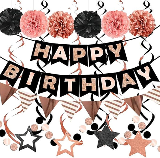 Birthday Decorations, Happy Birthday Banner with Honeycomb Balls, Stars Hanging Swirl Streamers, Buntings Circle Dots Garland, Party Decorations for Women Men Boys Girls (Rose Gold & Black)