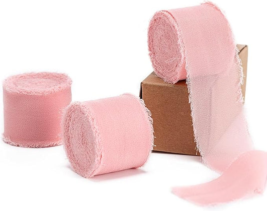 Husfunov Blush Pink Handmade Chiffon Ribbon,1.5Inch x 3 Rolls Total 24 Yards Blush Pink Fringe Chiffon Silk Ribbon,for Wrapping Wedding Invitations,Bridal Bouquets,DIY Crafts,Home Decor and More