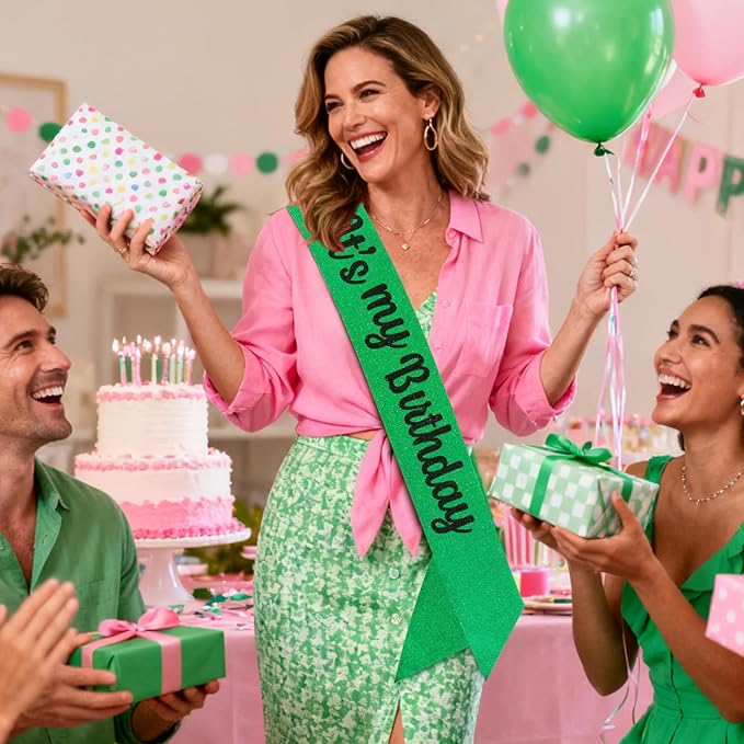 Happy Birthday Decorations Set - Pink & Green Witch Themed “It's my Birthday ” Sash with Glitter Foil for Girl, Happy Funny Birthday Decorations Accessories for Women Party Favors Supplies