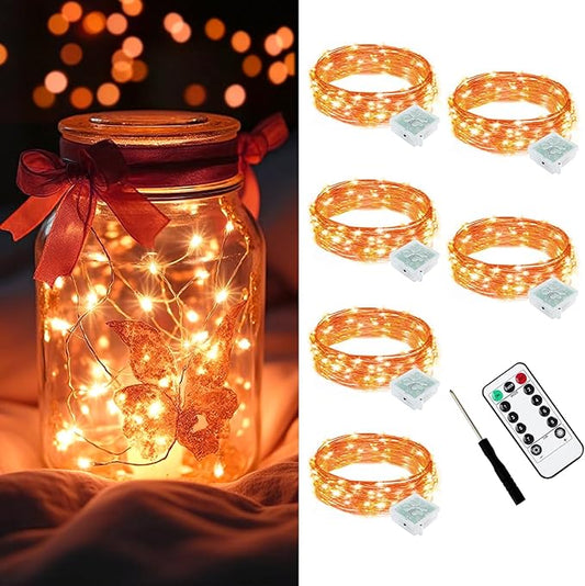AIKEI 6 Pack LED Fairy Lights with Timer Battery Operated, Mini String Lights with Remote Waterproof 7ft 20 Led Firefly Starry Lighting for Wedding Party Bedroom Garden Christmas Decoration Orange