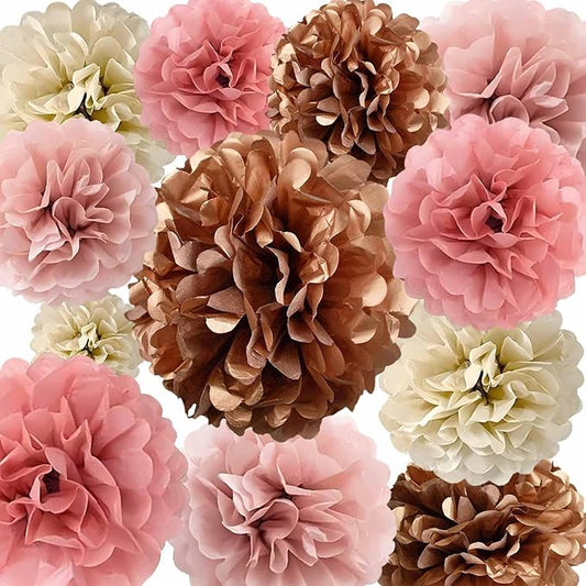 Rose Gold Blush Pink Tissue Paper Pom Poms 12Pcs Hanging Paper Pom Pom Flowers for Women's Valentine's Mother's Day Boho Baby Shower Bachelorette Birthday Graduations Bridal Wedding Party Decorations