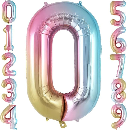Rainbow Gradient Number 0 Balloon, 40 Inch Big Large Foil Number Balloons, Jumbo Mylar Number 0 Balloons for Birthday Party Decorations Supplies Anniversary Celebration