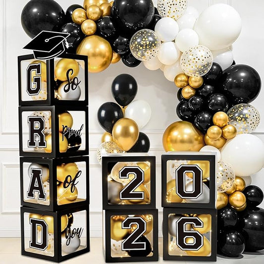 Graduation Decorations Class of 2026, Black Graduation Decorations, Balloons Boxes (4PCS) with Letters 2026 GRAD So Proud of You, Congrats Grad Decorations for High School & College