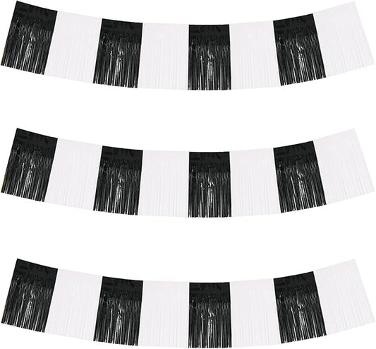 BEISHIDA 3 Packs Metallic Foil Fringe Garland Black White Wall Hanging Tinsel Fringe Banners for Car Floats Bridal Shower Wedding Birthday Graduation Holiday Party Decoration(30 Feet)