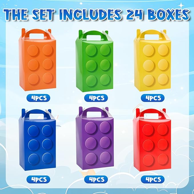 DjinnGlory 24-Pack Building Blocks Party Favor Treat Boxes, Cute Small Gable Boxes for Kids Birthdays Party, Classroom Gifts and Small Business 7.38x4.92x3.55 Inches