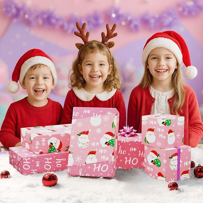 WERNNSAI Christmas Wrapping Papers - 1 Roll 17”x 33 ft Santa Claus Gift Wrapping Paper Reversible Christmas Wraps Supply for Kids Boys Girls HOHO Design Pink Gift Wrap for Winter Holiday Present