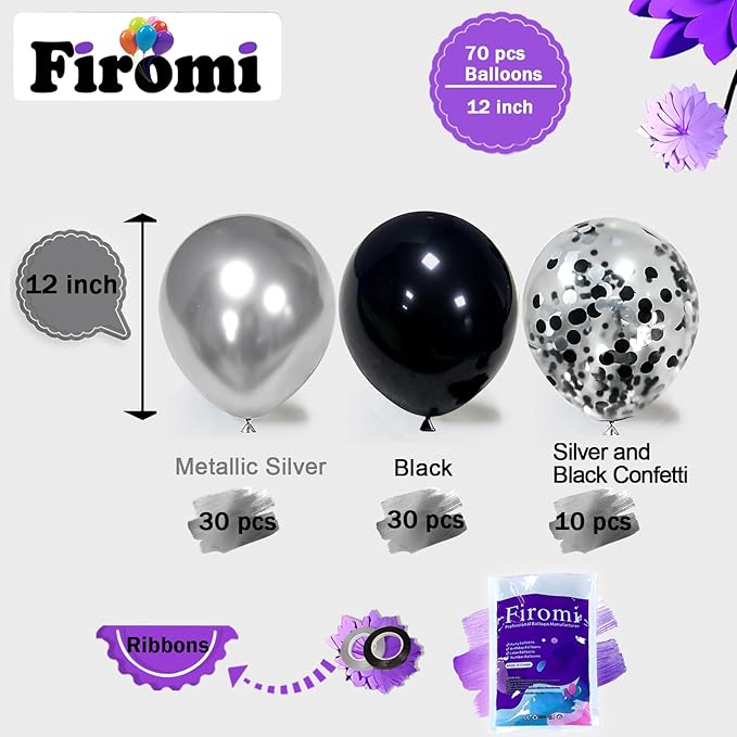 Firomi Metallic Chrome Silver Black Latex Balloons 12 inch 70 Pack Black and Silver Confetti Balloons Set for Birthday Wedding Party New Year (with 2 Ribbons)