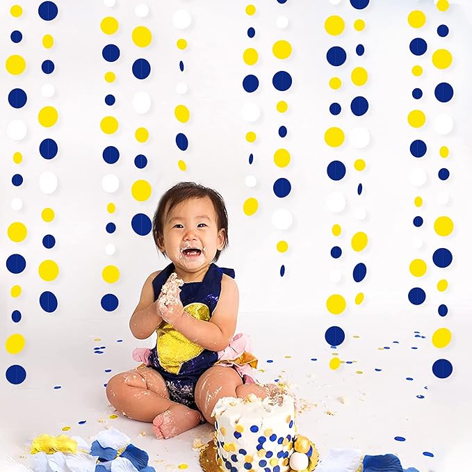46Ft Navy Blue and Yellow Circle Dots Garland Royal Blue Yellow White Hanging Paper Polka Dot Streamer for Graduation Birthday Wedding Bridal Baby Shower Nautical Ahoy Achor Party Decorations Supplies