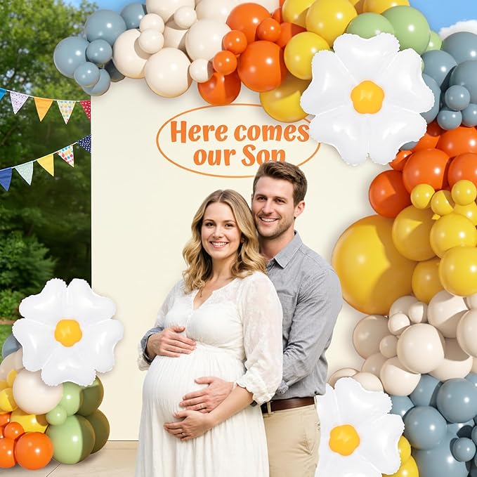 Ouddy Life 167Pcs Here Comes the Son Balloon Arch Garland Kit, Retro Boho Colorful Dusty Blue Burnt Orange Mustard Yellow Daisy Balloons for Boys First Birthday Baby Shower Easter Party Decorations
