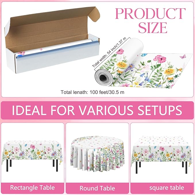 4.5x100 Feet Roll of Spring Floral Plastic Tablecloth,Pink Purple Blue Flower Butterfly Disposable Table Cover Summer Spring Photography Backdrop for Holiday Weeding Birthday Tea Party Decorations
