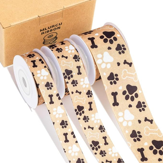 Dog Paw Print and Bone Ribbon Set 3 Rolls Animal Print Grosgrain Ribbons 5/8", 7/8", 1.5", Pet Themed Puppy Party Favor Ribbon for Dog Gift Wrapping, Crafts, Bows, Treat Bags, Pet Decorations