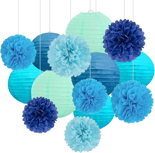 18 PCS Blue Paper Lanterns & Tissue Paper Pom Poms for Boys Birthday, Baby Shower, Wedding, Bridal Shower, Hanging Paper Decor for Indoor Outdoor Events Theme Party Supplies