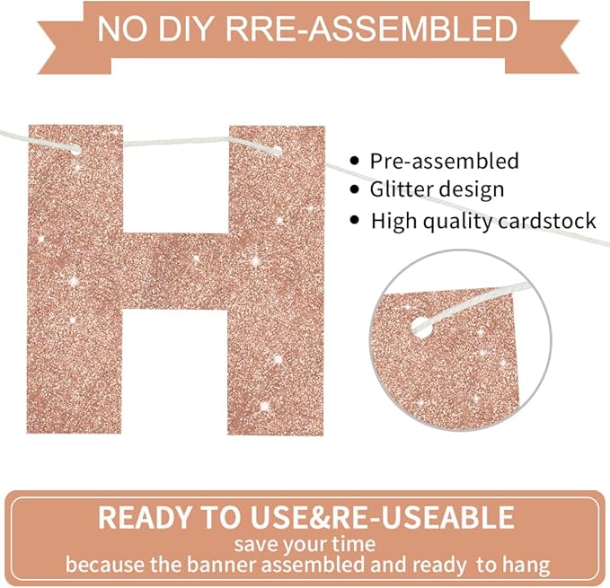 BEISHIDA Happy Birthday Banner - Pre-Strung No DIY Birthday Decorations - Happy Birthday Sign - Birthday Banner for Women, Kids - Backdrop Rose Gold