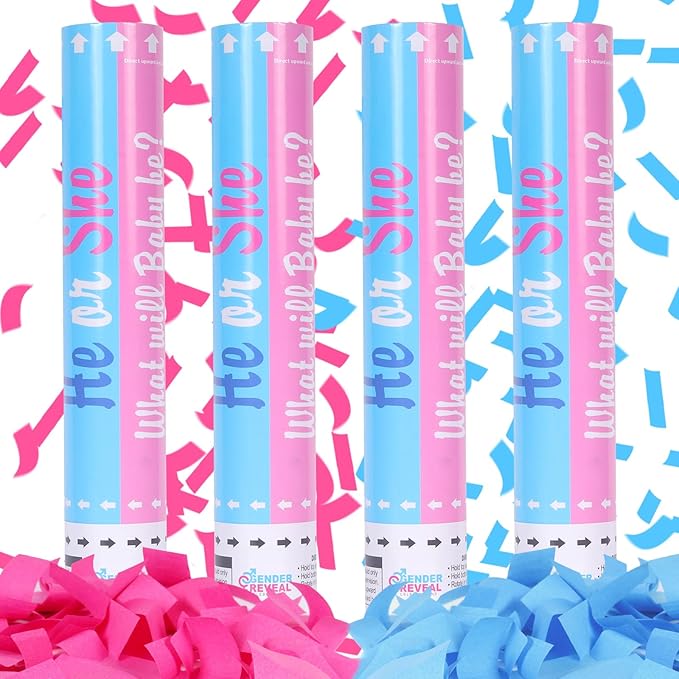 Gender Reveal Confetti Cannon - Set of 4 (2 Blue + 2 Pink) for Stunning Baby Gender Announcements, Perfect Gender Reveal Cannon for Parties and Celebrations (Non-Powder)