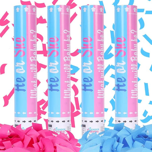 Gender Reveal Confetti Cannon - Set of 4 (2 Blue + 2 Pink) for Stunning Baby Gender Announcements, Perfect Gender Reveal Cannon for Parties and Celebrations (Non-Powder)