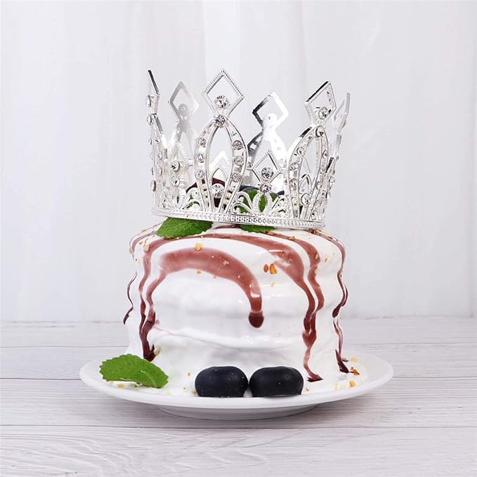 Mini Crown Cake Topper Crystal Headpiece Tiara Rhinestone Crown Cake Decoration for Wedding Birthday Baby Shower Party Favors (Silver)