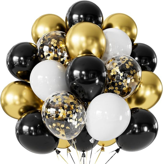 Black and Gold Balloons, 60 Pcs 12 Inch Graduation Balloons, Metallic Black Gold White Confetti Balloons, for Graduation Party 2026, Birthday, Wedding, Retirement Party Decor