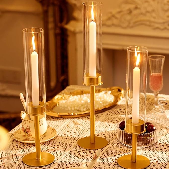 Gold Hurricane Glass Candle Holders 3pc,Taper Candle Holders Candlestick Holders Wedding Table Centerpiece Decoration Christmas Party