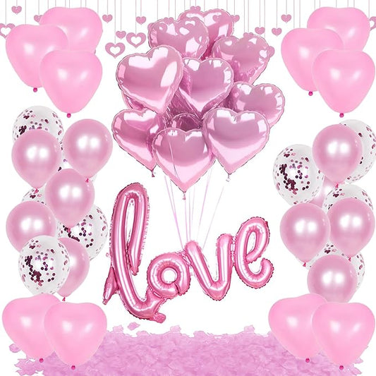 128 PCS Valentine's Day Balloon Garland Arch Kit Hot Pink Love Heart Latex Metallic Confetti Balloons for Princess Theme Bridal Wedding Valentine's Day Party Background Decorations