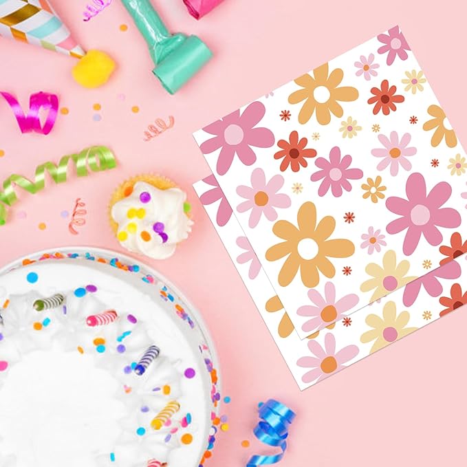 40Pcs Daisy Disposable Napkins Decorative, Paper Napkins Decorations for Baby Shower Birthday Cocktail Groovy Boho Theme Party 6.5x6.5 Inch