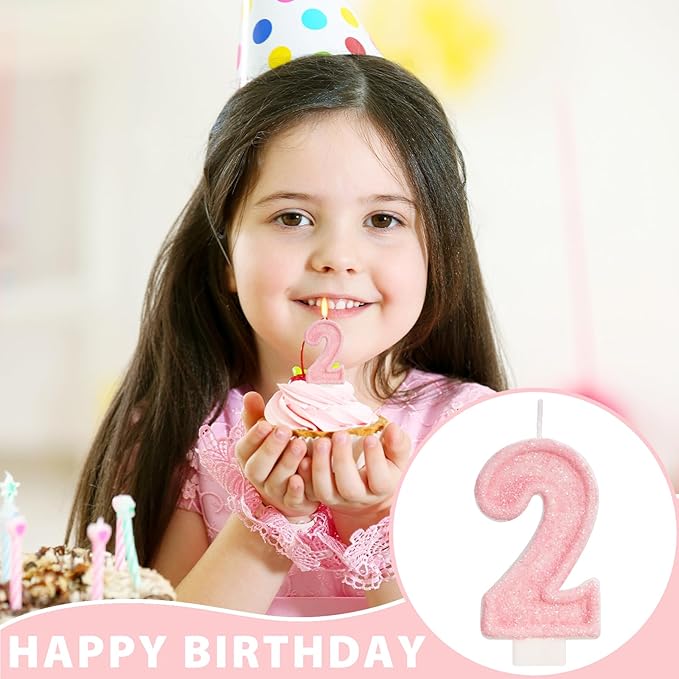 Pink Birthday Candles - Number 2 Candle for 2nd Birthday Decorations for Girl, Two Sweet Ice Cream Party Decorations for Girls