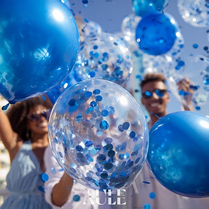 AULE Party Balloons Pack of 42 - Metallic Blue Balloons and Blue Confetti Balloons With 64ft Ribbons 12 Inch Chrome Latex Helium Balloon Decoration Set