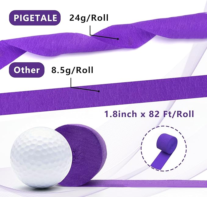 PIGETALE Crepe Paper Streamers 4 Rolls 328ft, Pack of Unique 3 Purple and White Party Streamer for Birthday Wedding Ceremony Baby Shower Party Decorations DIY Supplies Art Crafts (1.8Inch x 82Ft/Roll)