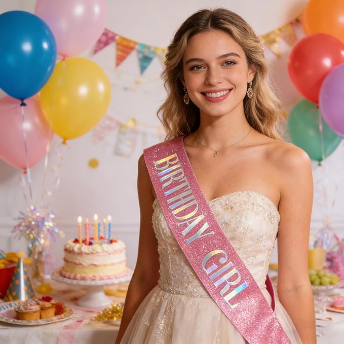 Birthday Sash Pink, Dazzle Foil Letter Glitter Birthday Girl Sash for 10th 11th 13th 16th 18th 21st Bday Gifts Party Suppiles Favors