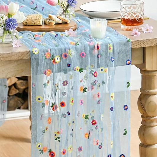 Artoid Mode Blue Embroidery Daisy Spring Gauze Table Runner 59x120 Inch 10FT, Seasonal Sheer Kitchen Dining Holiday Wedding Birthday Table Decor for Home Party