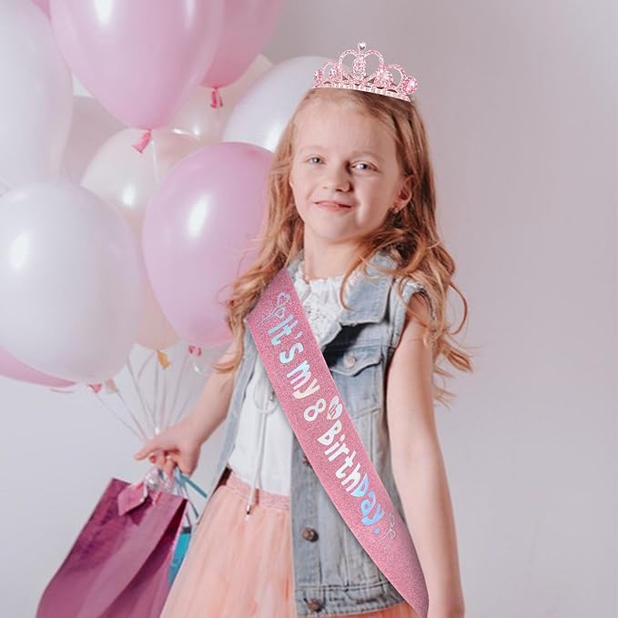 8th Birthday Crown & Sash Pink Birthday Decorations