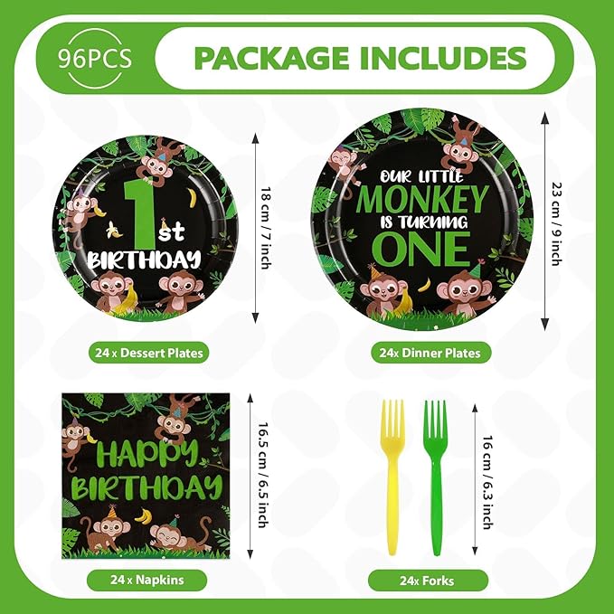 96Pcs Wild One Birthday Decorations Monkey One Years Old Plates and Napkins Safari Jungle 1st Tableware Set for Boys First 1st Safari Wild Jungle Animal Birthday Baby Shower Party Supplies Serves 24
