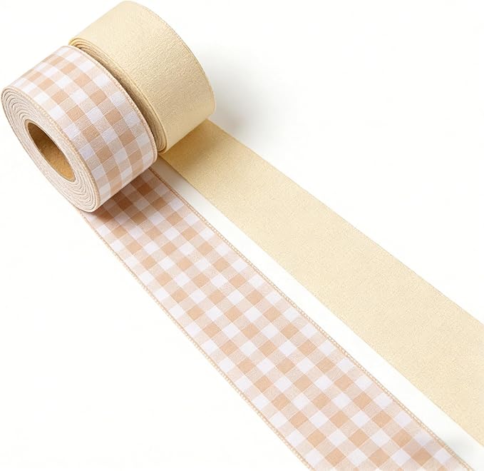 Meseey 1.5 Inch Natural Tan & Beige Buffalo Plaid Burlap Wired Ribbon, 5 Yards, Gingham Check Ribbon for Christmas Wreath, Gift Wrapping, Wedding, Home Decor