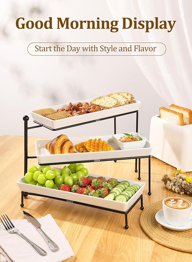 3 Tiered Serving Stand, Foldable Rectangular Food Display Stand with White Platters - Serving Trays, Dessert Display Server for Brithday Party, Valentine's Day and Events