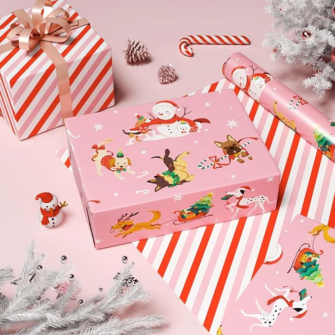 WERNNSAI Dog Christmas Wrapping Paper Roll - 1 Roll 17”x 33 ft Pink Puppy Christmas Wrapping Paper Reversible Red Candy Cane Stripe Gift Wrap for Kids Adults Xmas Winter Puppy Party Celebration