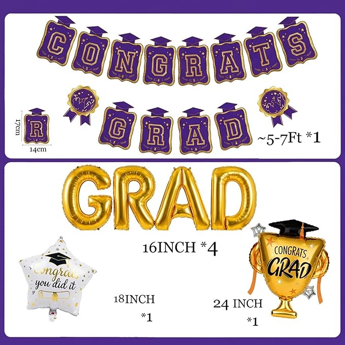 Purple Gold Balloon Garland Arch Kit with backdrop Stars Graduation Cap crown GRAD Letters Mylar Balloons for 2026 graduate Prom Decorations