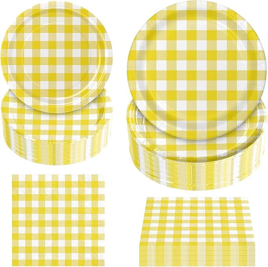 180Pcs Yellow Gingham Party Supplies Paper Plates and Napkins Serve 60 Disposable Tableware Set for Birthday Party Decorations Game Day Family Holiday Sports Events