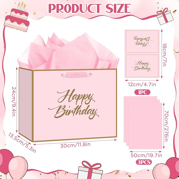 Yomaiha Pink Happy Birthday Gift Bag with Tissue Paper and Greeting Card, Pink Gold Birthday Wrapping Bag for Women Girls, Mom Wife Girlfriend Sister Friend Coworker Classmate Bday Party Supplies