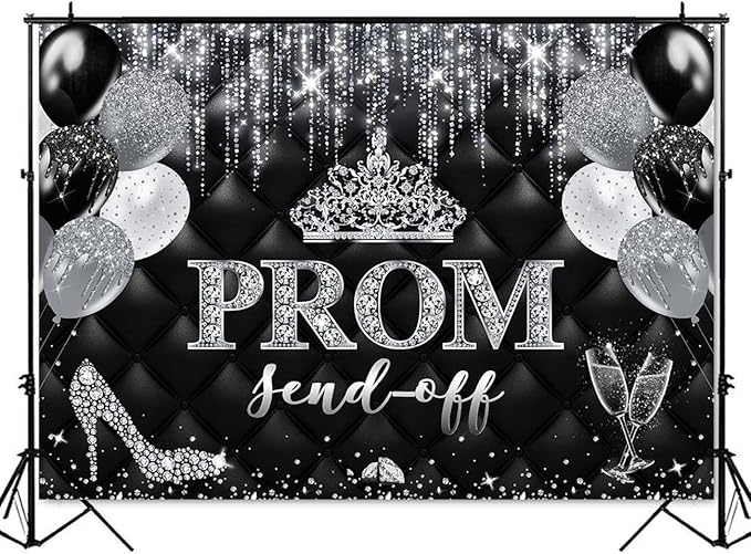 Mocsicka Prom Send Off 2026 Backdrop Crown Graduation Prom Night Party Decorations Banner Silver Balck Dancing Send Off Photography Background Photo Booth Supplies (Silver, 8x6ft(96''x72''))
