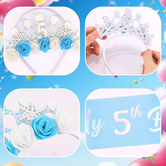 CUBACO 5th Birthday Crown Headband and Sash, 5 Year Old Girl Birthday Gift Ideas for Blue Princess Crown, Frozen Party Decorations Favors for Girls Outfit