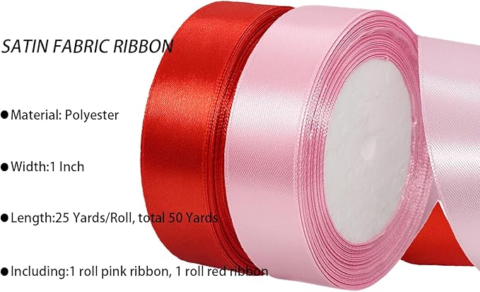 2 Rolls Red Pink Ribbon, 1 Inch x 50 Yards Satin Pink Red Fabric Ribbon for Flower Bouquets, Gift Wrapping, DIY Crafts, Birthday Cakes, Holiday, Wedding Party and Mother’s Day Decorations