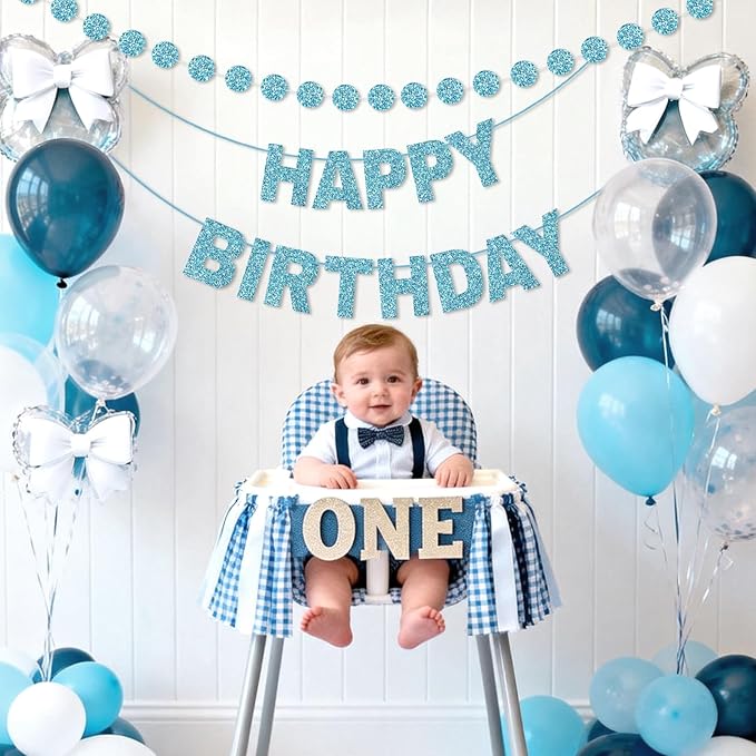 GCQQ Blue Happy Birthday Banner - 3M Glitter Light Blue Pre-Strung Banners and 2.5M Circle Dots Garland No DIY Birthday Party Decorations for Boys Girls Baby Shower Kids & Adults Birthday Backdrop