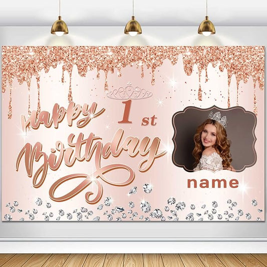 Customizable Rose Gold Happy 1st Birthday Decoration Banner - Personalized with Name and Photo