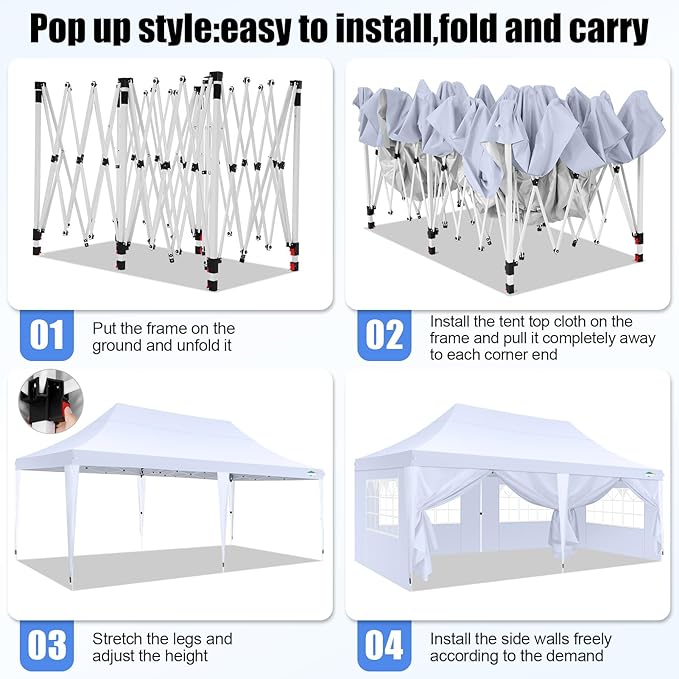 COBIZI 10x20 Pop Up Canopy with 6 Sidewall, Commercial Canopy UPF 50+ Waterproof Outdoor Gazebo with Carry Bag, Tents for Parties with Upgrade Frame, 3 Height Adjustable, Arctic White