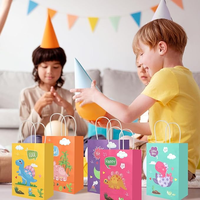 20Pcs Dinosaur Party Favor Bags with Handles, Cartoon Dinosaur Kraft Paper Gift Wrap Bags, Kids Goodie Treat Bags for Boys Girls Dinosaur Theme Birthday Baby Shower Party Supplies