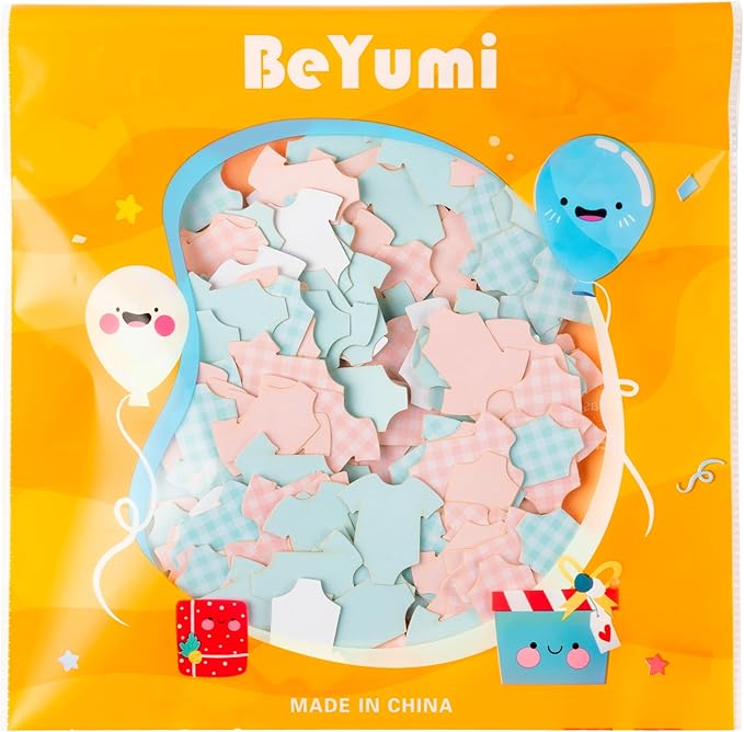 BeYumi Baby Shower Table Confetti - 300Pcs Blue Pink Short-Sleeve Bodysuits Table Confetti Decorations Plaid Baby Outfit Scatter Paper Decor for Baby Girls Boys Gender Reveal Birthday Party Supplies