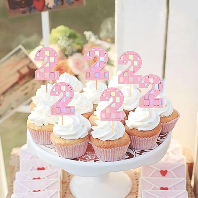 Ercadio 24 Pack Pink Number 2 Cupcake Toppers Pink Checkered Two Cupcake Picks for Smiley Assorted Racing Car Theme Baby Girls 2nd Birthday Party Cake Decoration Supplies